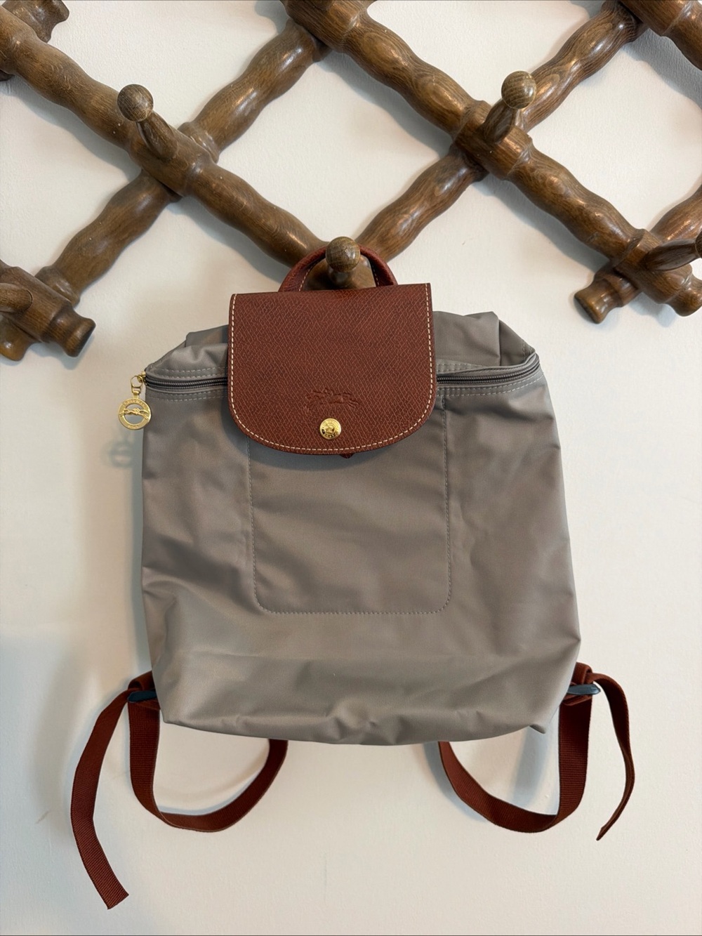 Longchamp Le Pliage Classic Gray Backpack with Brown Trim -